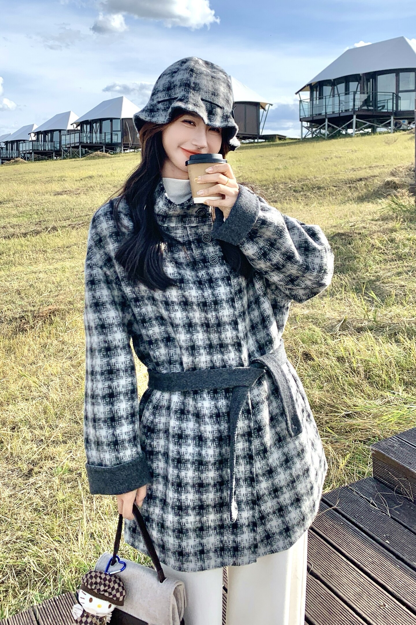 复古千鸟格双面呢大衣女2025年冬季新款韩系超好看气质羊毛呢外套,女装羊绒大衣,2C056