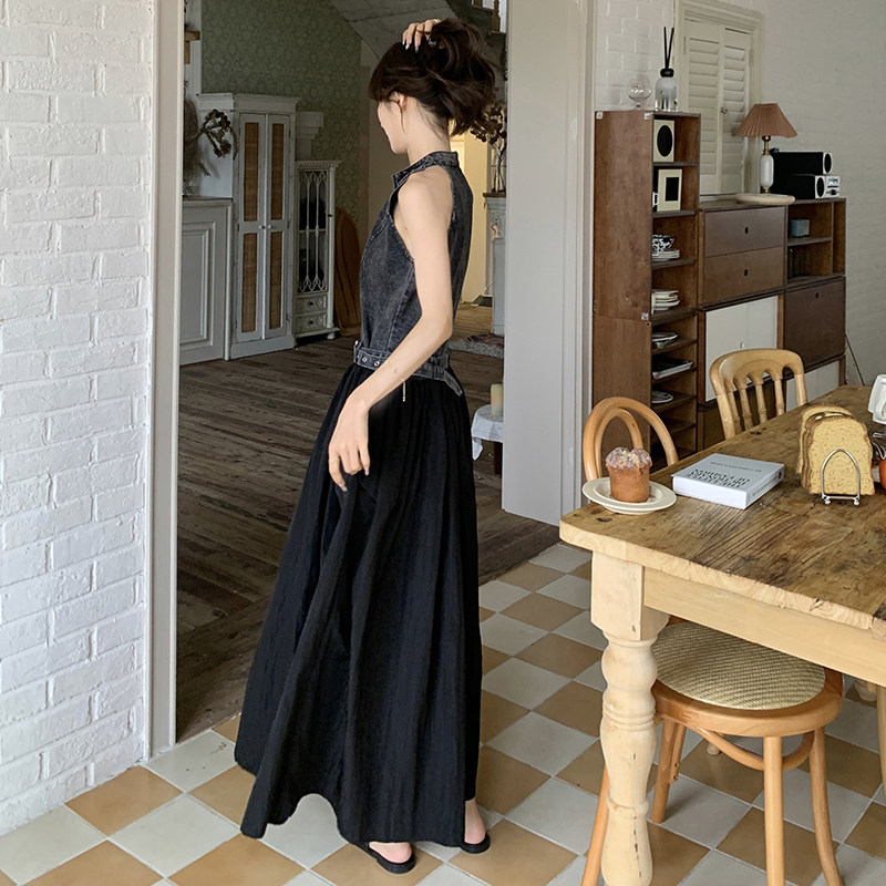韩系设计感浪漫牛仔拼接立领连衣裙女2025夏季甜酷风减龄高腰长裙,女装连衣裙,2C082