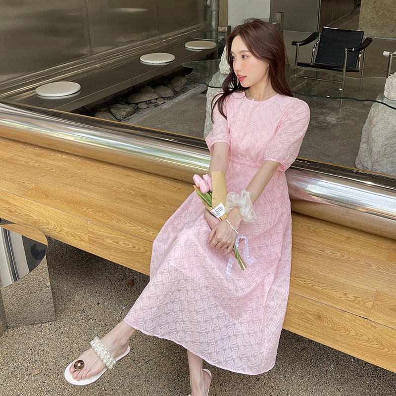 【夏季现货！上新】763P115K1582025新款中长款圆领收腰连衣裙,女装连衣裙,2C037