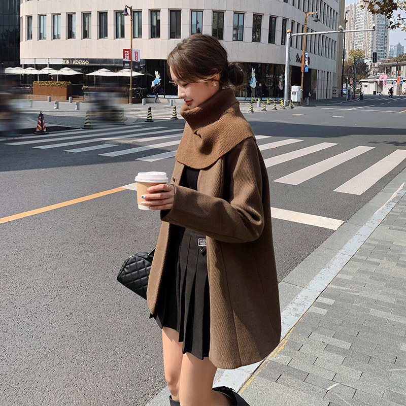 美拉德咖色带围巾款双面呢羊绒大衣女2024冬季新款双排扣毛呢外套,女装棉衣/棉服,2C280