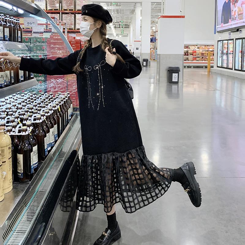 黑色蝴蝶结连衣裙女2025春季新款韩系超好看宽松减龄网纱拼接长裙,女装连衣裙,2D043