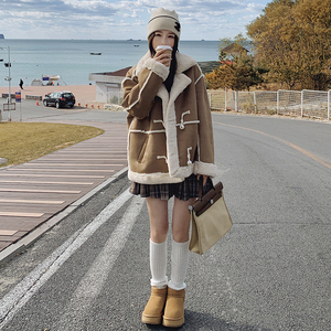咖色高级感设计感宽松女保暖加厚鹿皮绒机车服3086-P185-K268图片