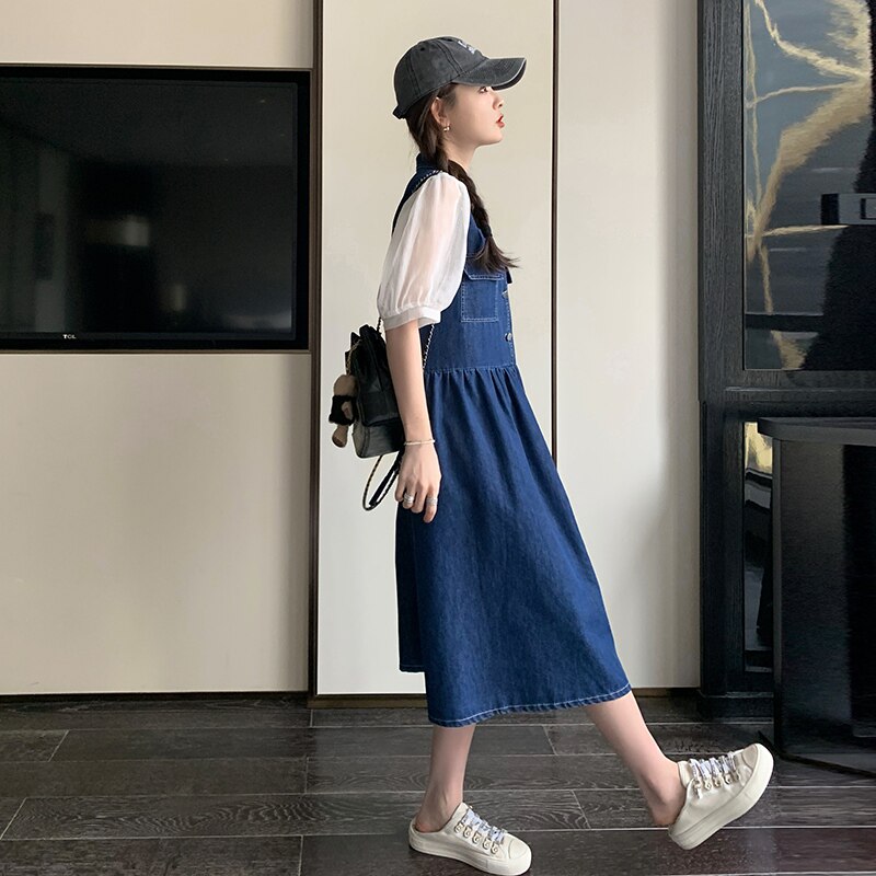 蓝色拼接假两件连衣裙女2023夏新款法式温柔风设计感别致气质裙子,女装连衣裙,2C311