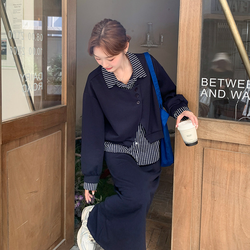 藏青色设计感条纹撞色卫衣半身裙套装两件套女秋新款慵懒风松弛感,女装套装/套裙,1D066-1