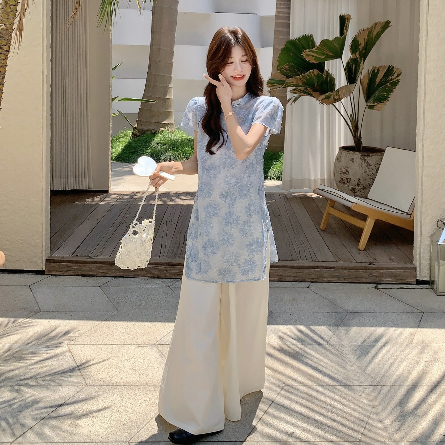 新中式国风气质蕾丝上衣阔腿裤套装女夏2025新款超好看两件套甜美,女装套装/套裙,2C135