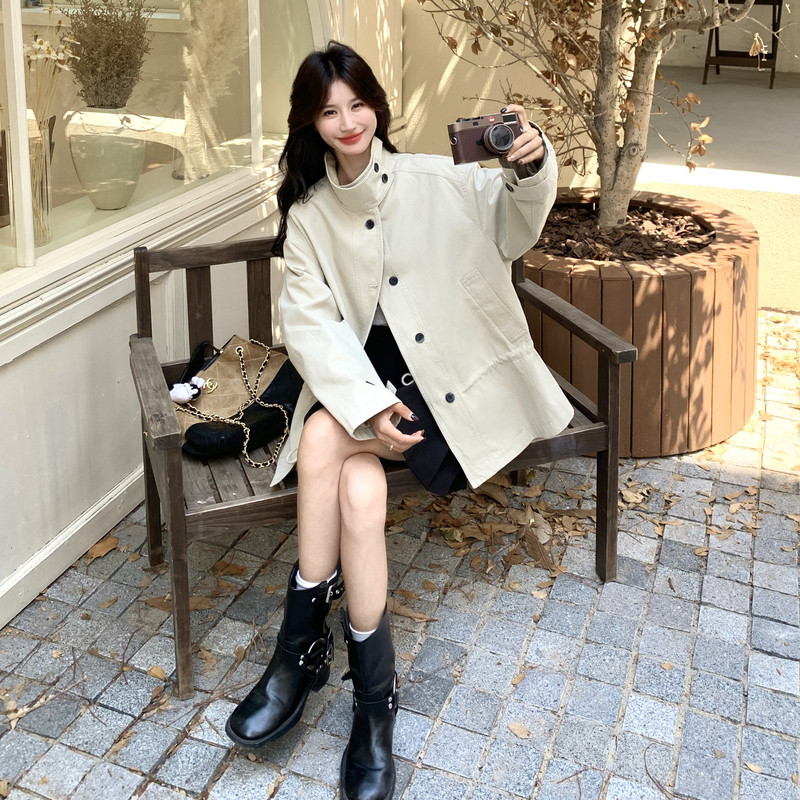 韩系2025秋季新款宽松休闲百搭显瘦立领单排扣收腰长袖外套女,女装风衣,2C159