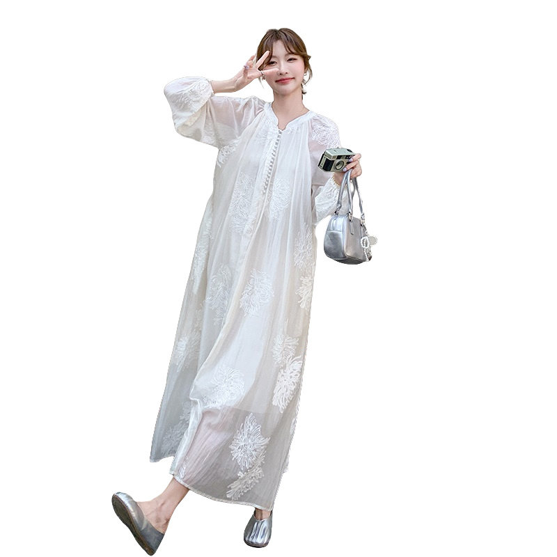 2025新款春季法式白色刺绣绣花连衣裙女时尚收腰系带简约长袖裙子,女装连衣裙,2C259