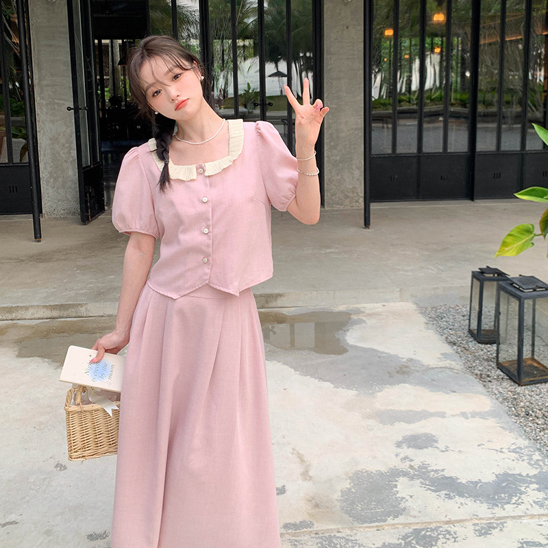 法式气质小香风套装女2025夏季新款甜美方领上衣显瘦半身裙两件套,女装套装/套裙,2C010