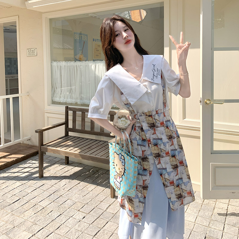 【现货】2025新款复古油画印花吊带裙+翻领衬衫拼接学院风两件套,女装连衣裙,2C238
