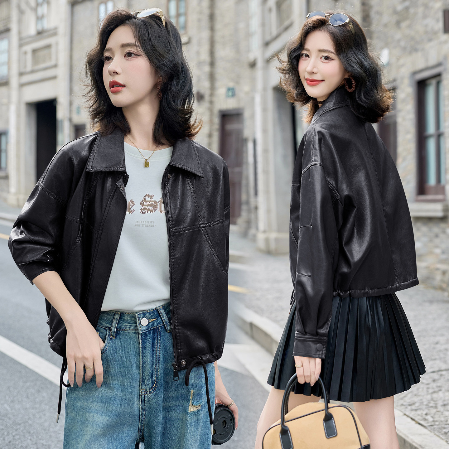复古机车风短款皮衣外套女2025秋季新款小个子宽松翻领PU夹克上衣,女装皮衣,英标秀（1C119）