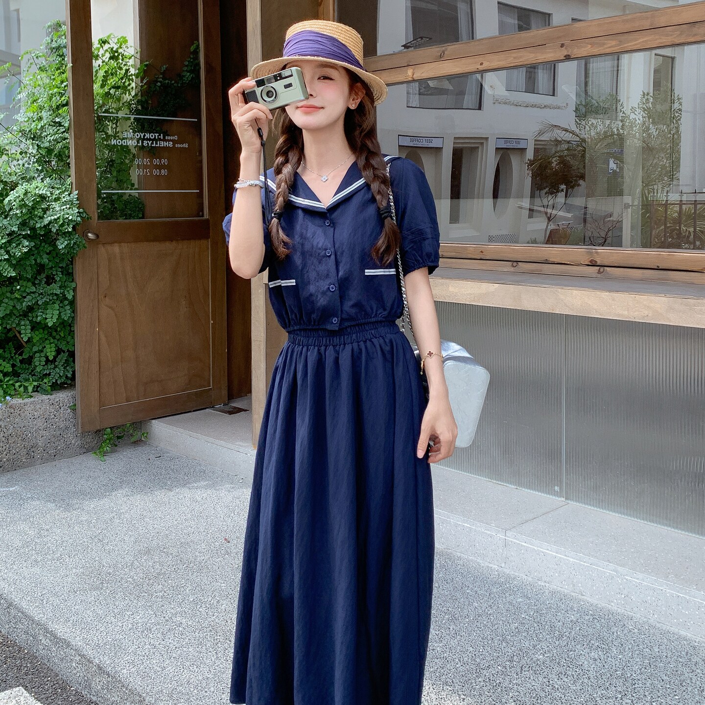 甜美显瘦海军领上衣半身裙套装女2025年夏季新款小个子时髦两件套,女装套装/套裙,2C212