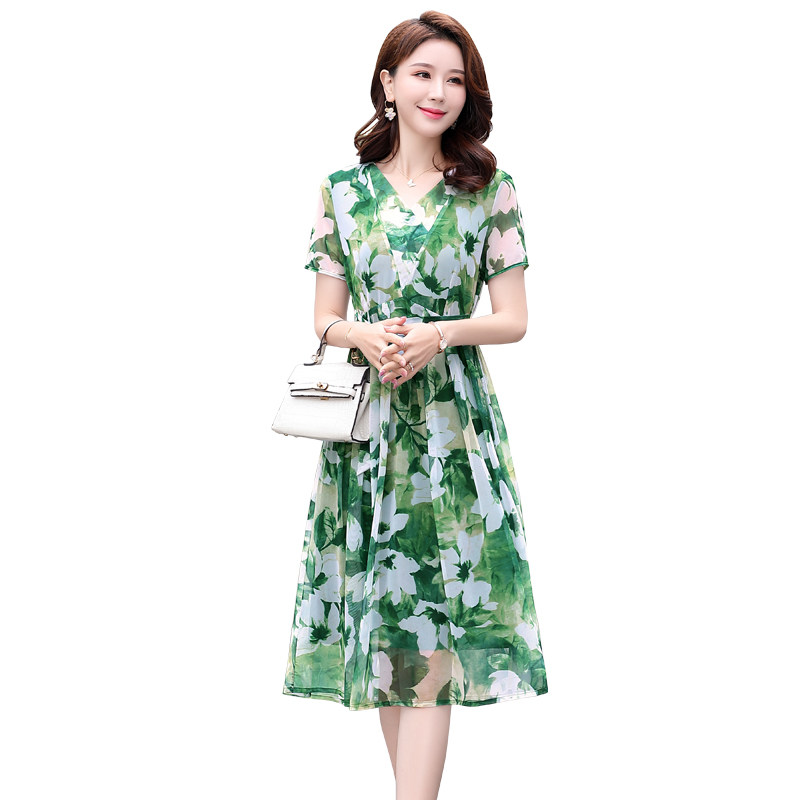 2025夏季新款简约优雅气质时尚V领收腰显瘦印花连衣裙，女装连衣裙，吾爱衣,女装连衣裙,吾爱衣