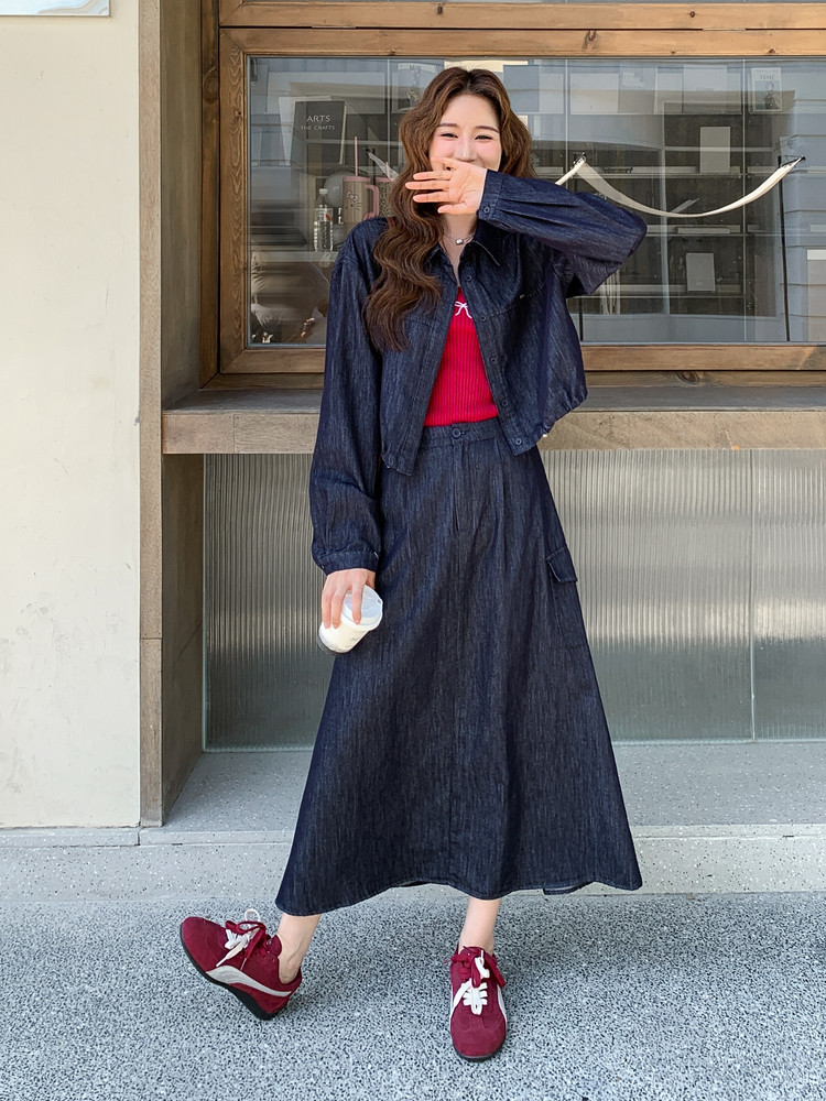 蓝色牛仔衬衫半身裙套装女春秋季2025新款松弛感巨好看两件套超火,女装套装/套裙,2D013