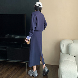 女春袖口拼接色设计圆领卫衣半身裙两件套图片