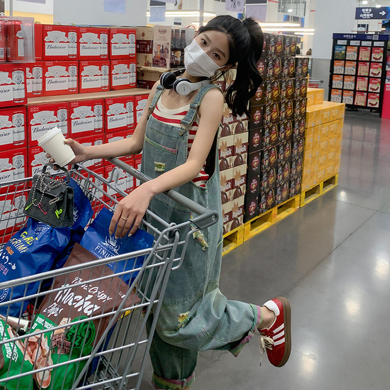 美式复古减龄牛仔背带裤女2023春季新款小个子宽松工装直筒阔腿裤,女装牛仔裤,2C292