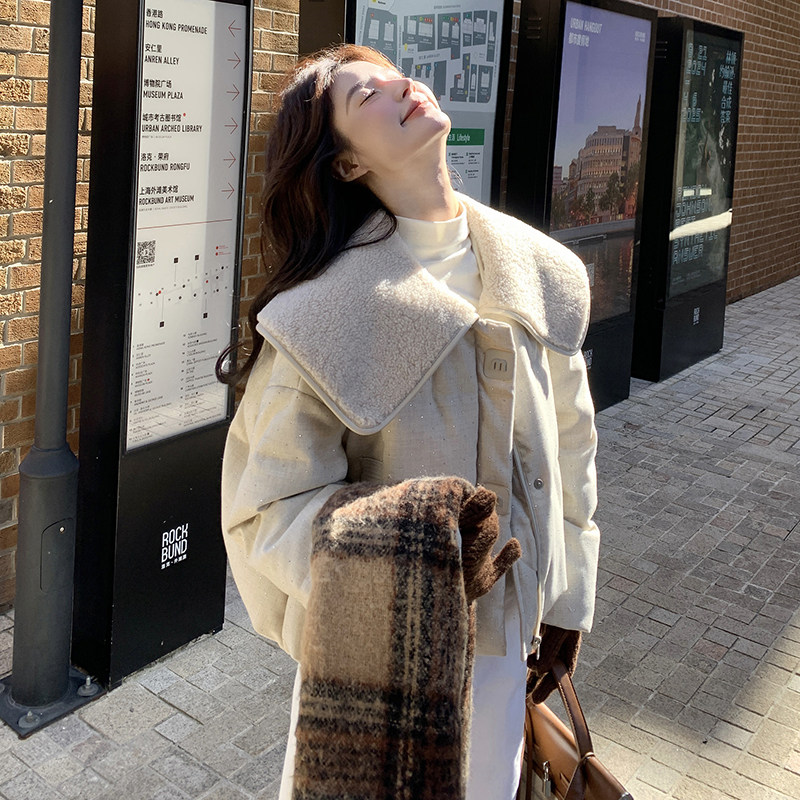 羊羔毛娃娃领烫钻羽绒服女冬季2024新款绝美小个子短款独特设计感,女装羽绒服,2C203