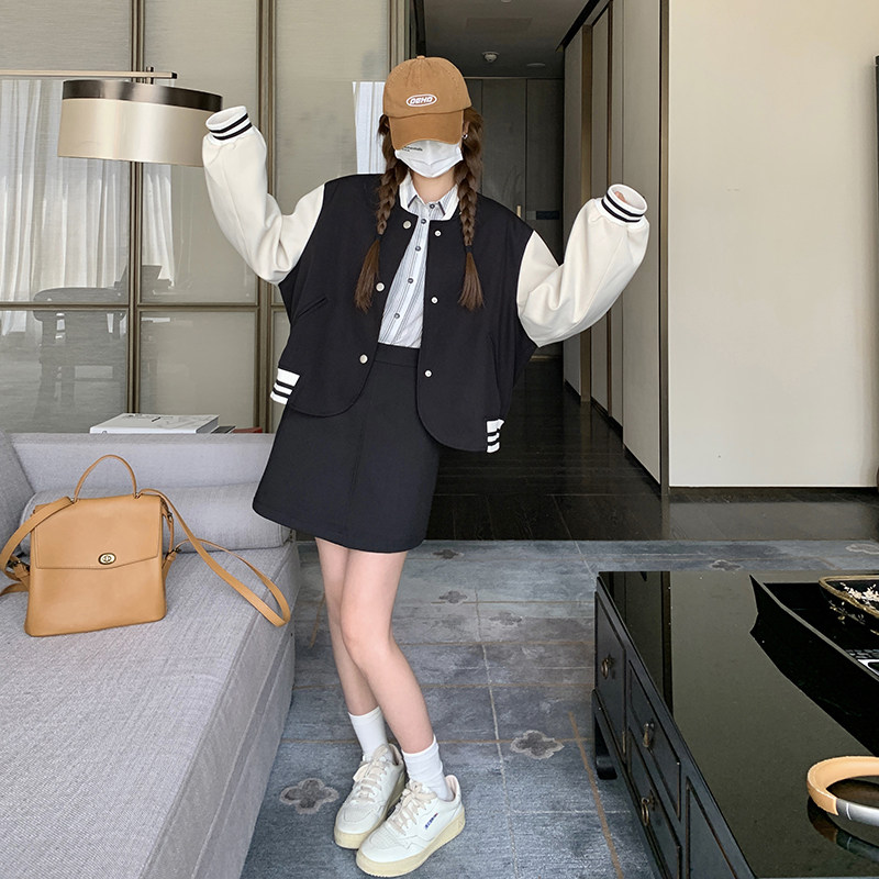 新品附买家秀拼色棒球服外套+半身裙裤套套196A-P165K22,女装套装/套裙,2C075
