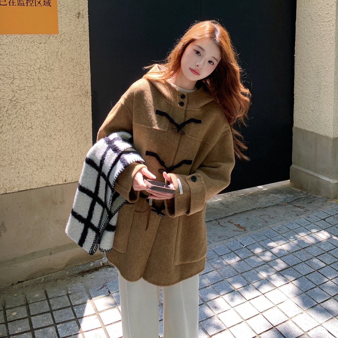 巨好看连帽牛角扣双面呢羊毛外套女秋冬2025新款学院风呢大衣超火,女装毛呢外套,2D145