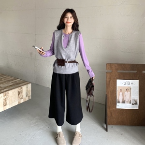 韩系针织毛衣打底衫阔腿裤三件套女秋冬2025新款设计ootd穿搭套装图片
