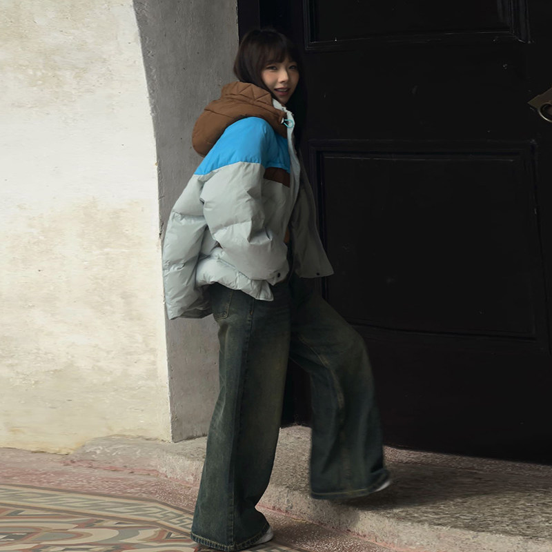 现货~~！！设计款拼色带帽羽绒服p245,女装羽绒服,2C262