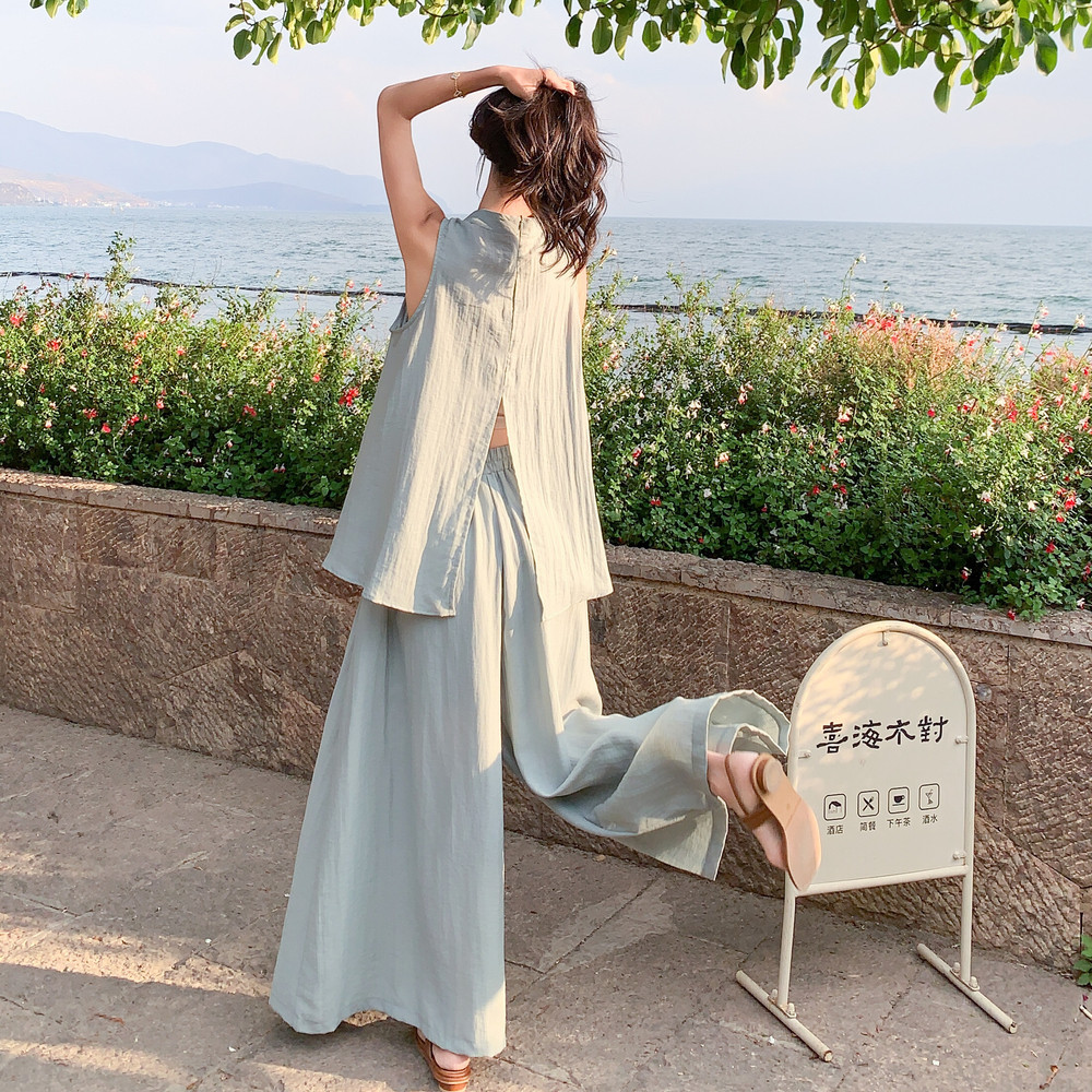 休闲时尚灰色挂脖上衣阔腿裤套装女夏2025新款两件套绝美俏皮流行,女装套装/套裙,2C271