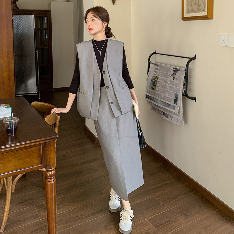 设计感灰色西装马甲套装裙女2025春季新款轻熟风气质半身裙两件套,女装套装/套裙,2C139