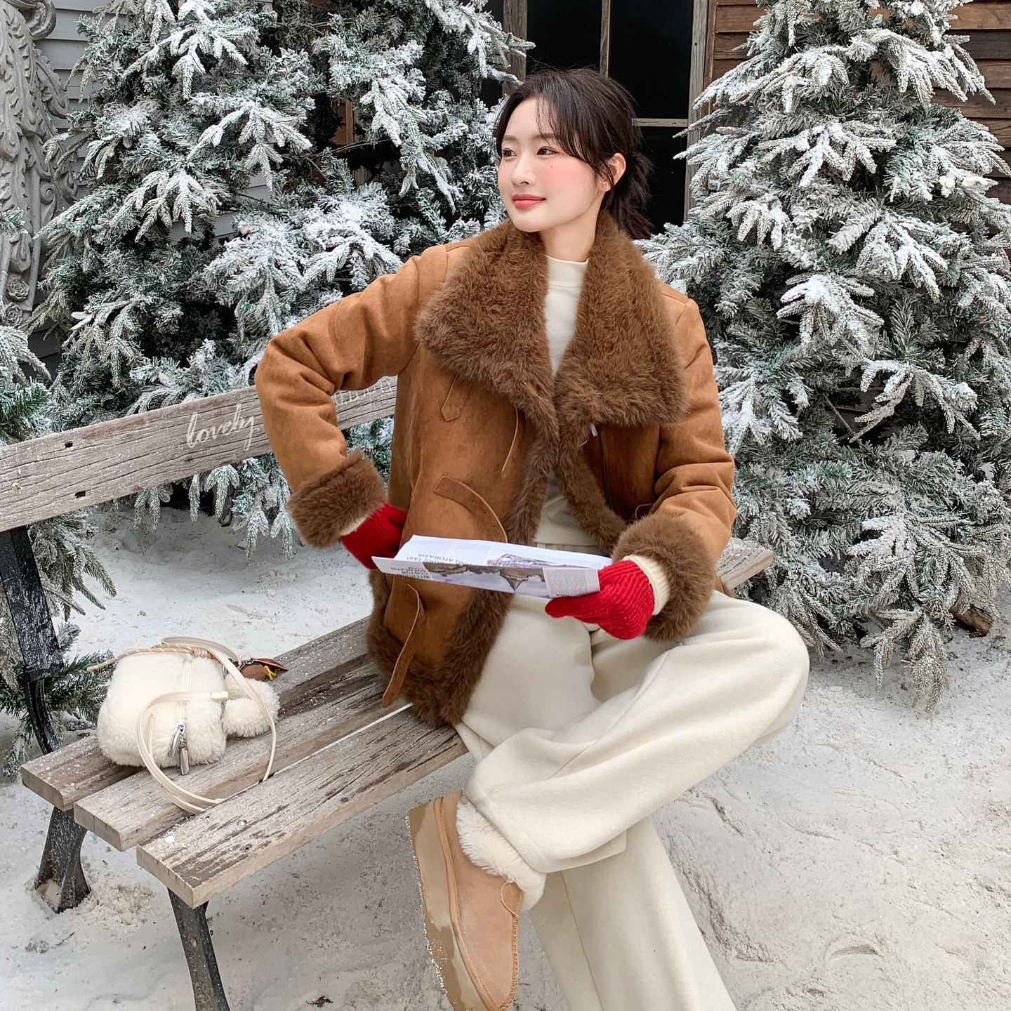 咖色复古高级感皮毛一体外套女翻领加厚麂皮绒美拉德机车服短外套图片