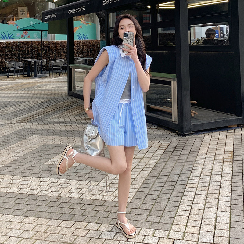 条纹休闲时尚套装女夏季2025新款无袖衬衫上衣高腰短裤减龄两件套,女装套装/套裙,2C112