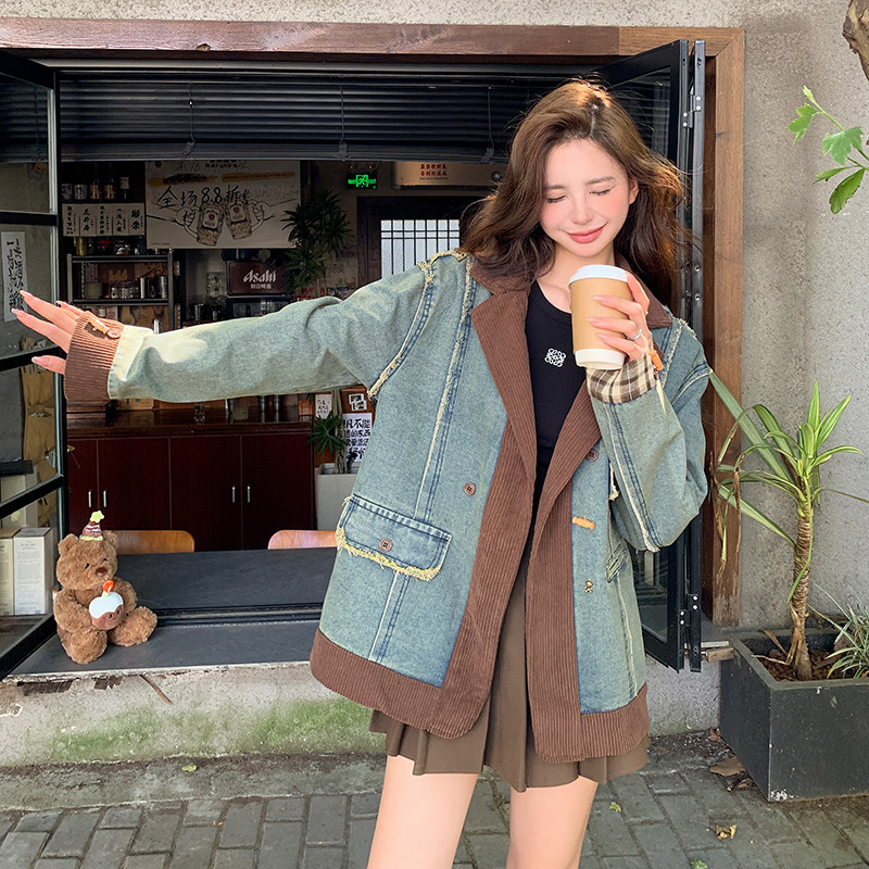 蓝色复古设计感小众撞色拼接牛仔外套女2025秋季新款休闲洋气上衣图片