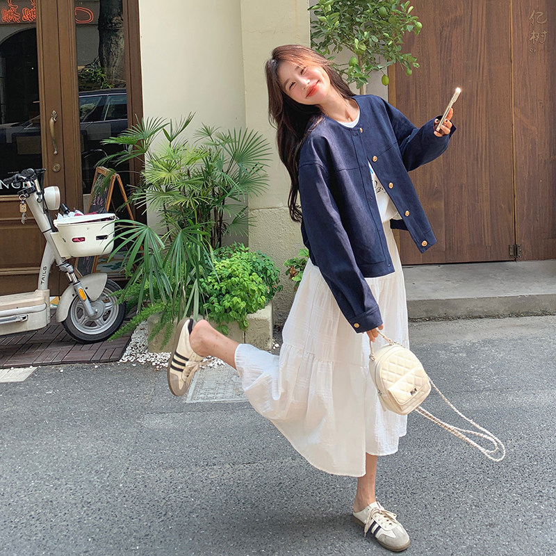韩系休闲时尚圆领夹克外套女2025秋新款小个子设计感宽松减龄上衣,女装短外套,2C166