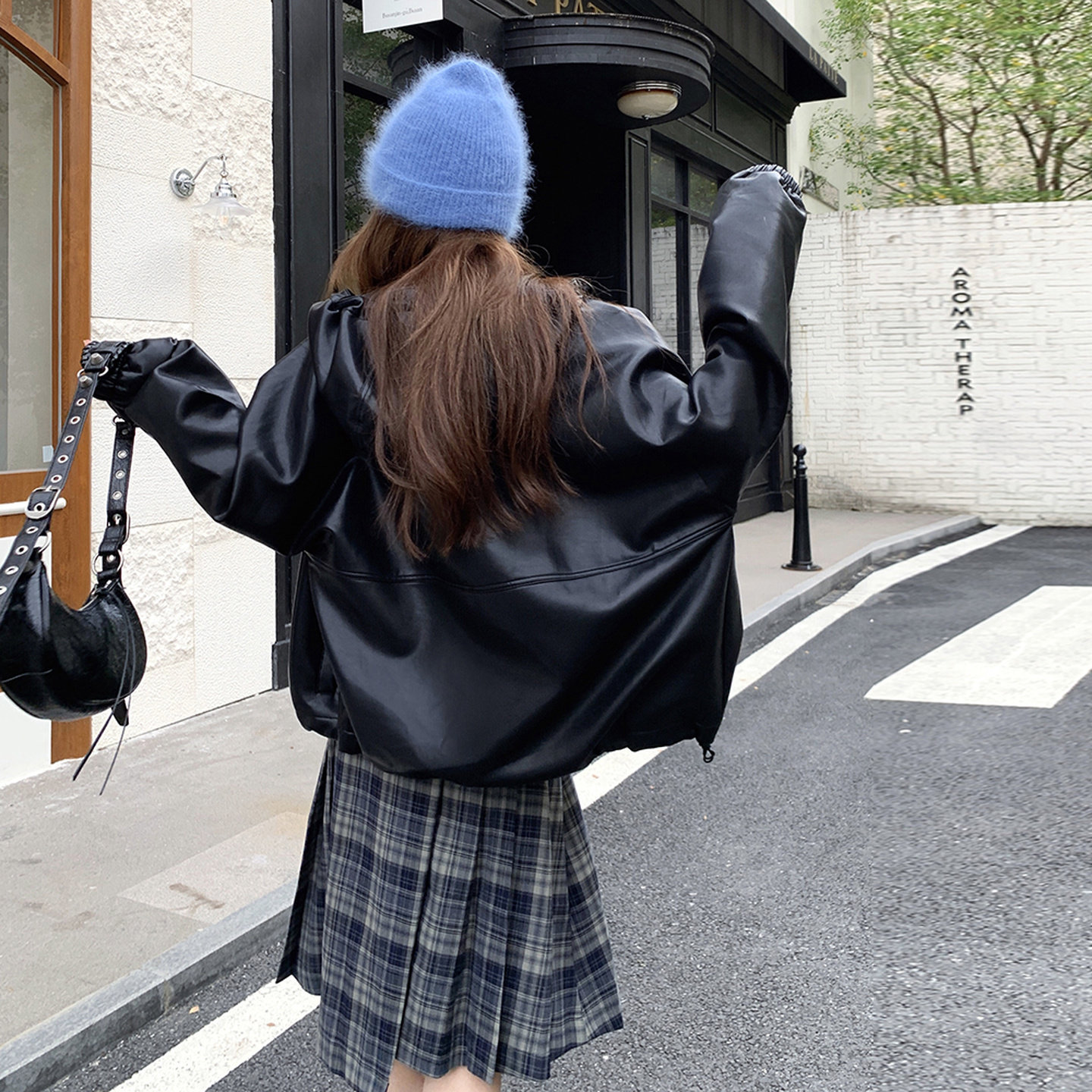 氛围感休闲套装女2025秋季新款洋气时髦皮衣外套格子半身裙两件套,女装短外套,2C321