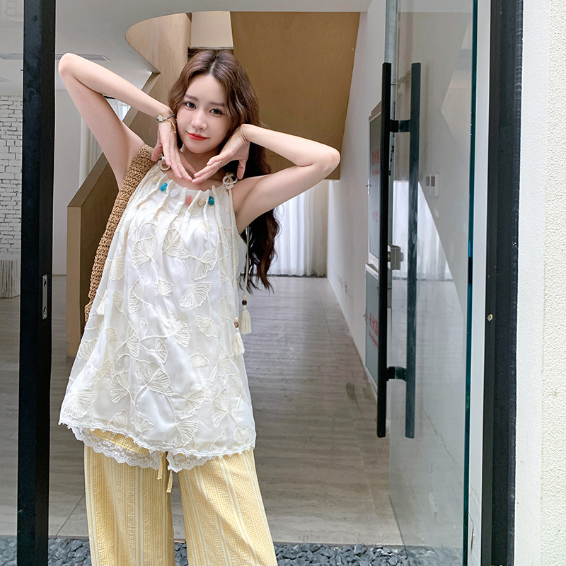刺绣无袖马甲阔腿裤套装女夏2025新款度假风法式两件套显瘦爆款,女装套装/套裙,2C052