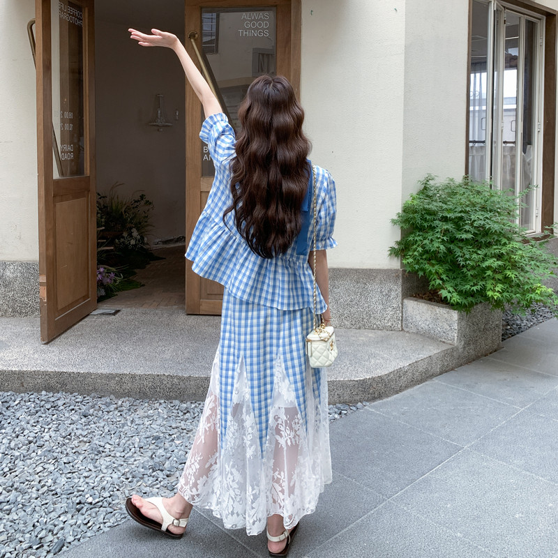 减龄感穿搭泡泡袖格子娃娃衬配拼接半身裙套装女夏2025新款两件套,女装套装/套裙,2C117