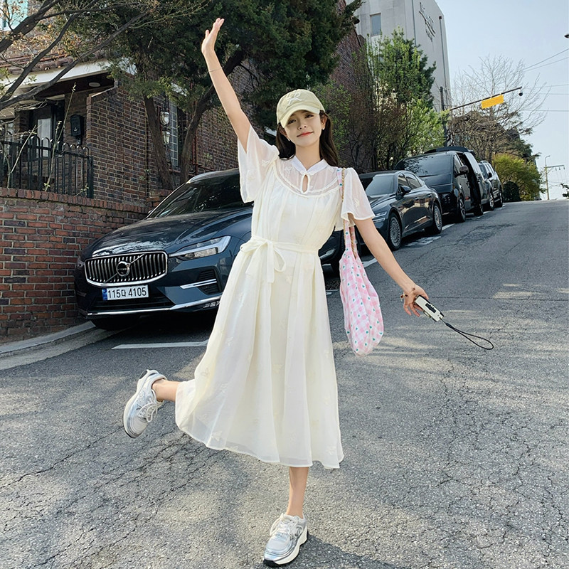 白色新中式网纱刺绣连衣裙女2025夏季新款温柔风宽松遮肉仙女长裙,女装连衣裙,2C088