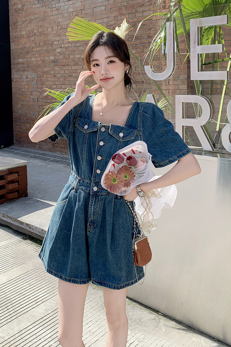 夏季成人厚款连体裤短裤套装收腰肯豆风国风muji风显瘦小个子牛仔,女装连体裤,2C057