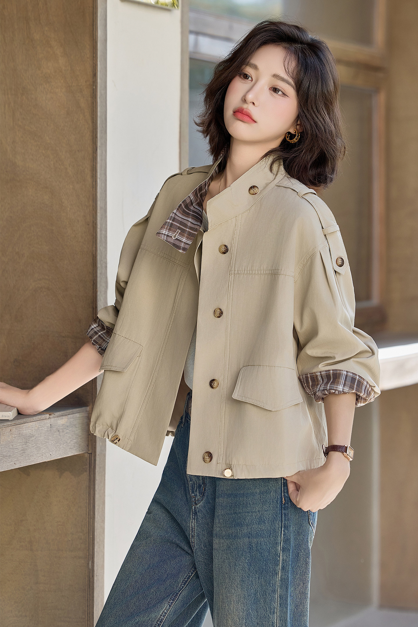 设计感撞色格子拼接风衣外套女2025秋季新款宽松休闲百搭夹克上衣图片
