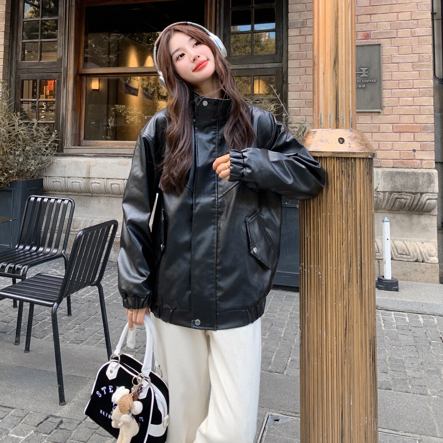 黑色复古机车服皮衣外套女2025秋季新款宽松休闲百搭夹克上衣潮,女装皮衣,2C325