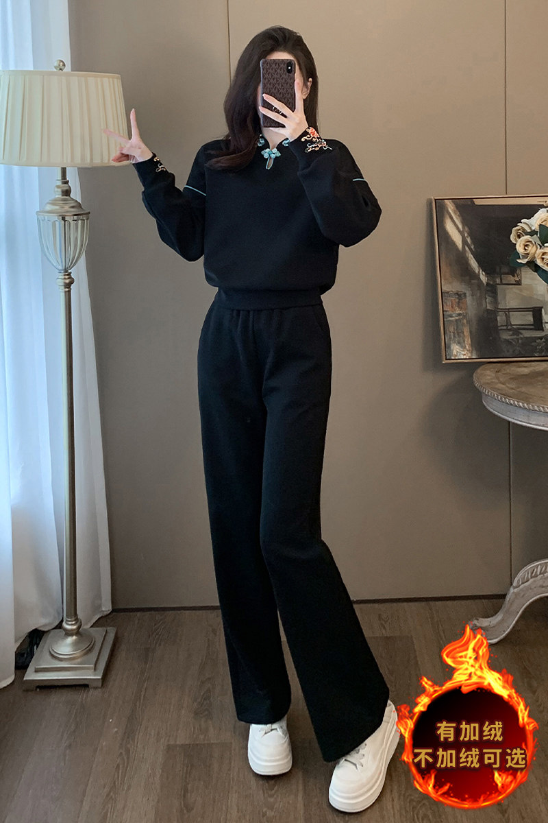 女秋季新款中式风刺绣卫衣阔腿裤套装,女装套装/套裙,2C310