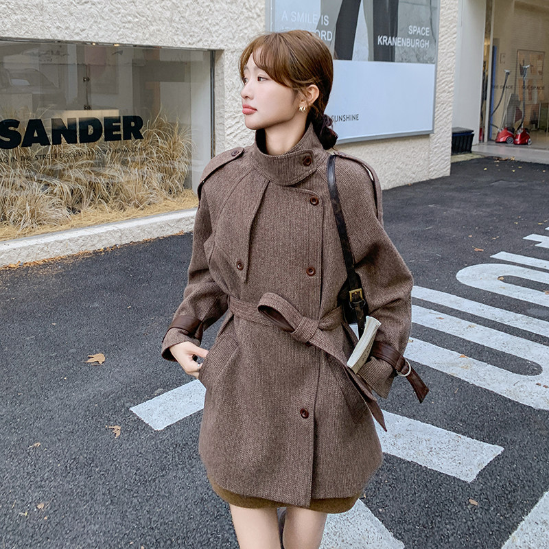 时尚毛呢外套女2025春季新款休闲宽松中长款韩版复古收腰百搭大衣,女装风衣,2C203