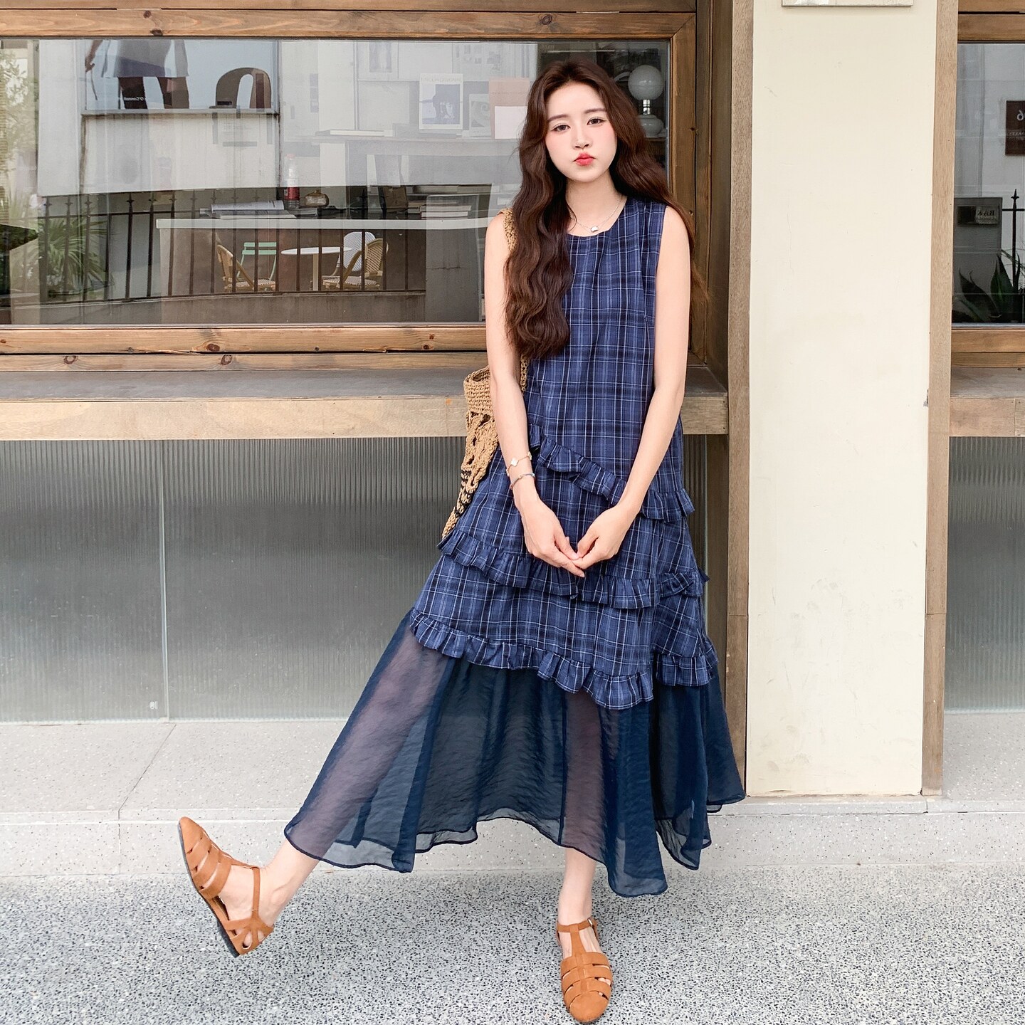 藏青色格纹拼接连衣裙女2025年夏季新款时尚独特绝美减龄背心长裙,女装连衣裙,2C117