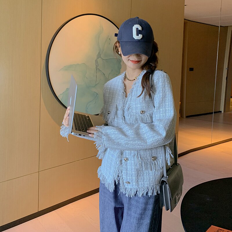 早秋蓝色小香风外套2024新款绝美法式小个子休闲名媛流苏气质上衣,女装短外套,2C053