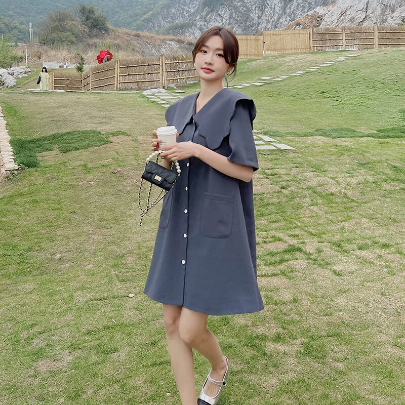 灰色娃娃领连衣裙女2025夏季新款韩版宽松学院风减龄短袖西装裙子,女装连衣裙,2D043