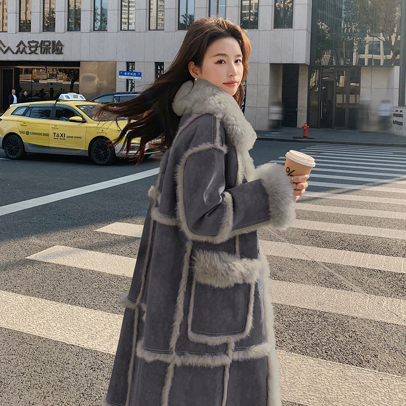 风信紫高级感皮毛一体外套女长款2024冬季新款加厚减龄羊羔毛大衣,女装皮草,2C115