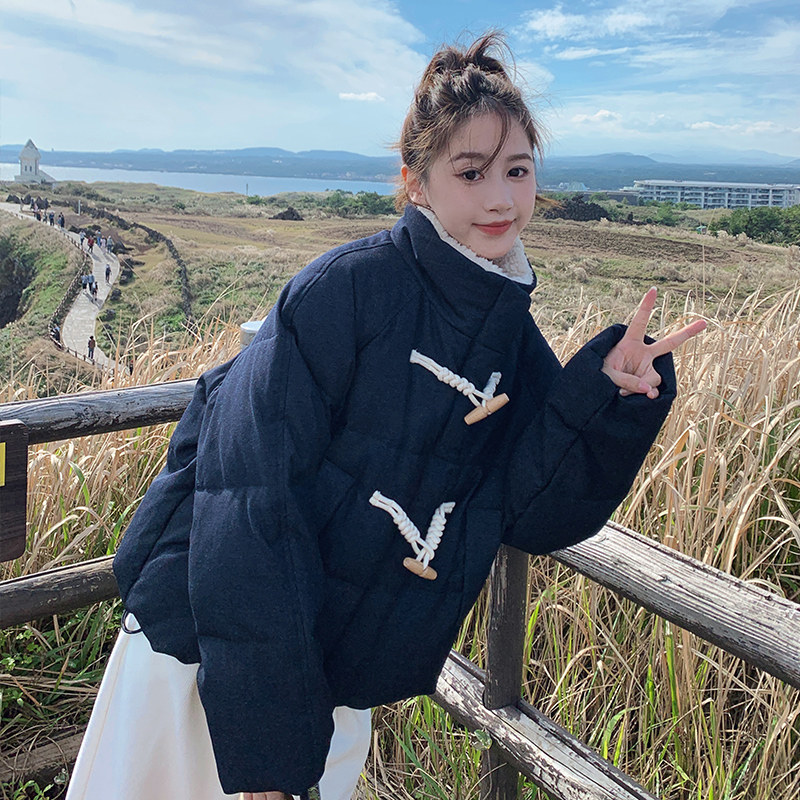 藏青色牛角扣短款羽绒服女2025冬季新款学院风加厚小个子面包服潮,女装棉衣/棉服,2C280