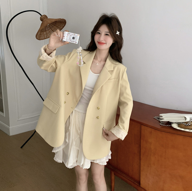 新款现货！2026春季蕾丝拼接奶黄色西装短外套C205-P145K238,女装西装,2C320