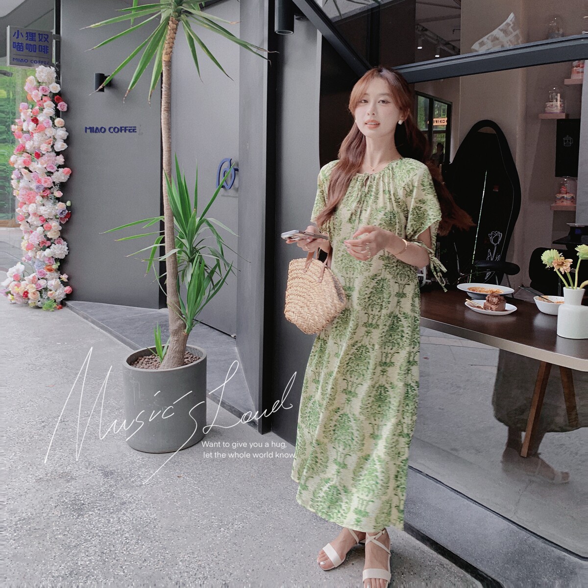 【大货已出】复古系带设计绿色碎花连衣裙6670-P95控138,女装连衣裙,2C137