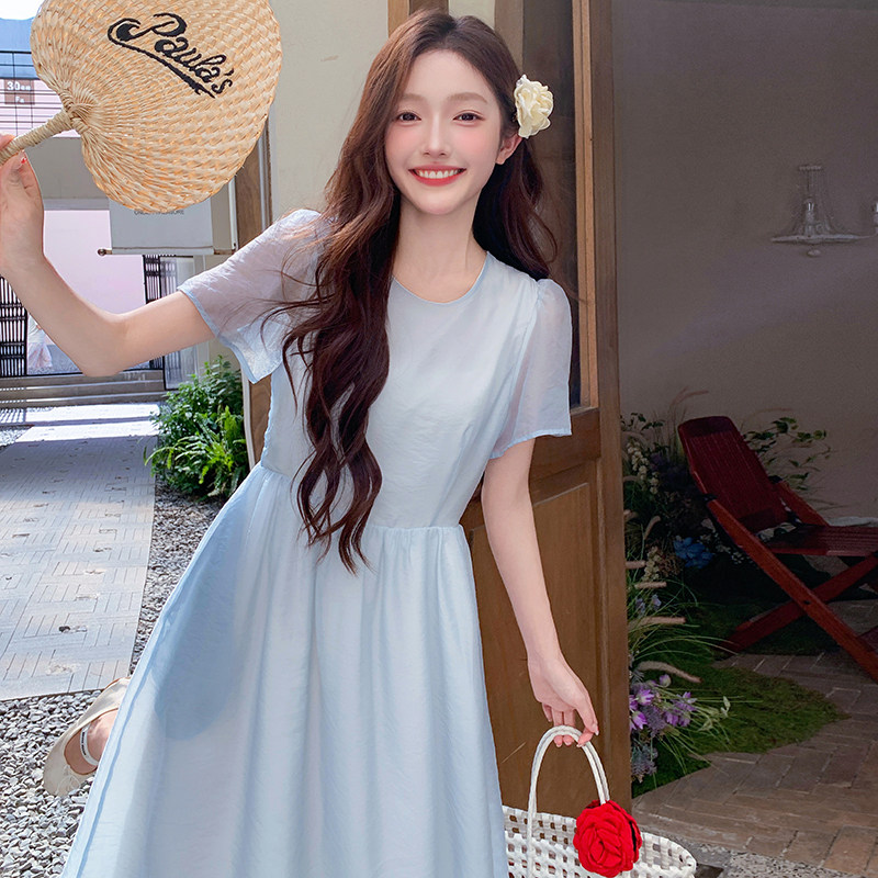 独特绝美蓝色薄纱连衣裙女夏2025年新款超好看温柔气质连身长裙子,女装连衣裙,2C122