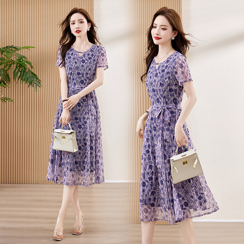 【新品】吾爱衣2419款雪纺连衣裙女夏季气质收腰百搭碎花裙,女装连衣裙,吾爱衣