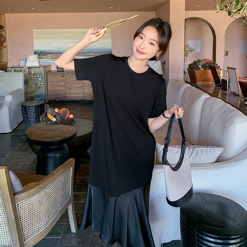 新款！！黑色法式宽松设计感T恤鱼尾裙P125K179,女装连衣裙,2C316