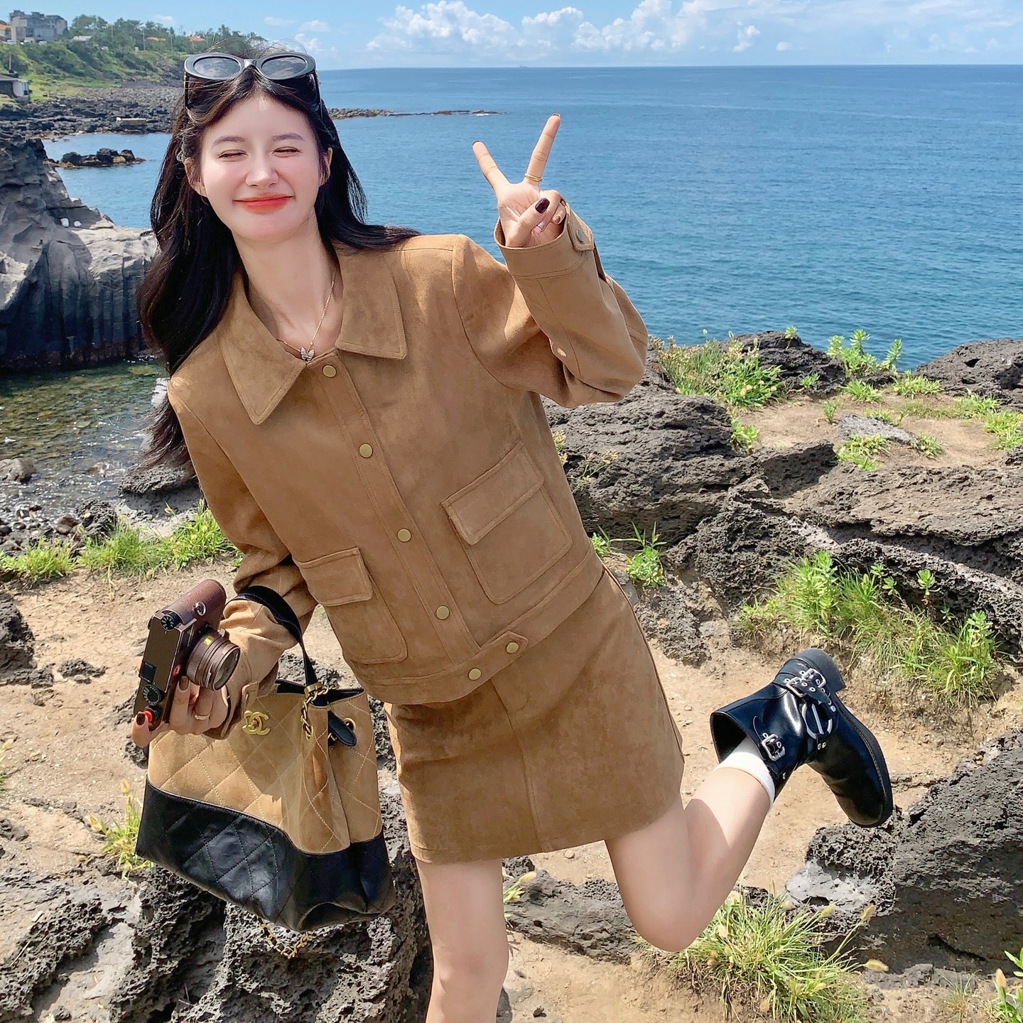 美拉德卡其色夹克外套半身裙套装两件套女2025春秋新款韩系小个子,女装套装/套裙,2C271